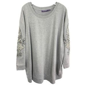 Roamans Plus Size 22W 24W Top 1X Gray Knit Sequin Embroidered Silver Sleeves 648